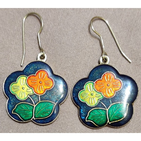 unbranded Jewelry - Ear Rings Fish Hook Blue Red Green Flower Leaves Enameled Dangle